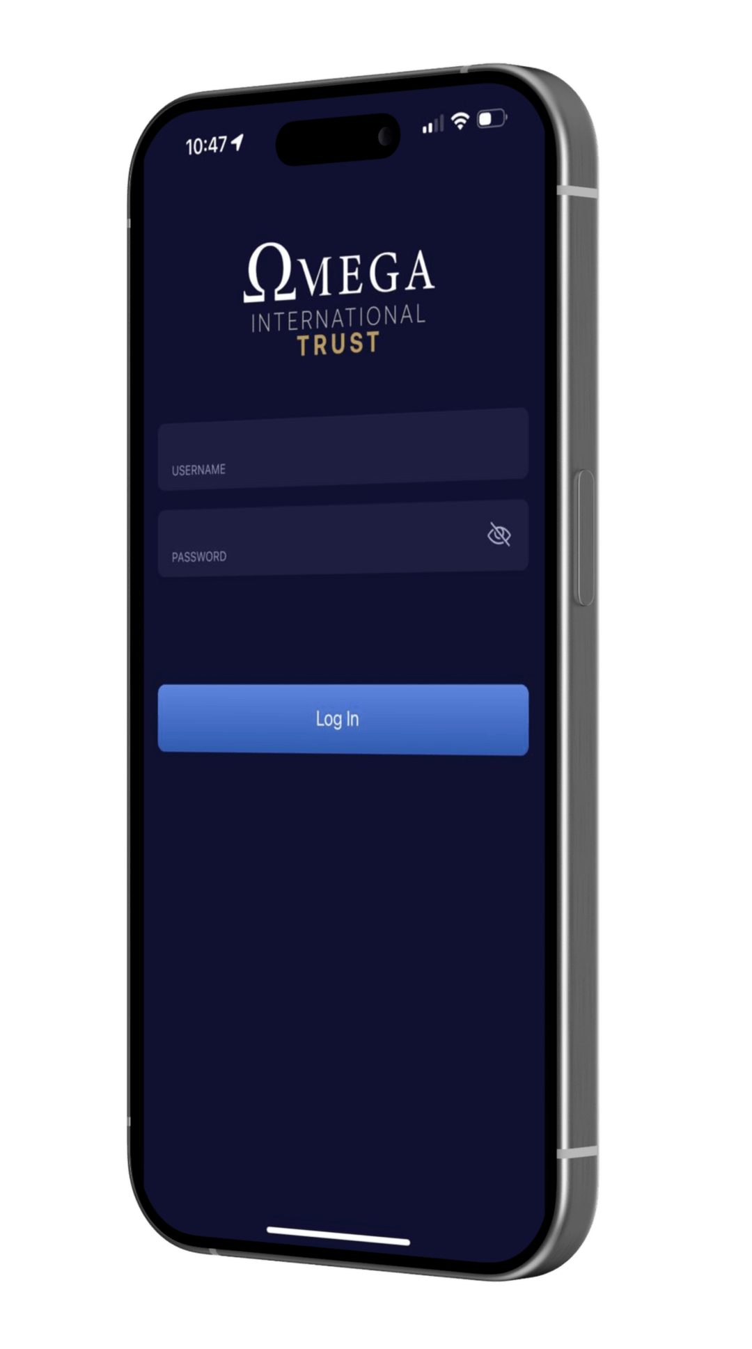 Omega International Trust mobile app login screen
